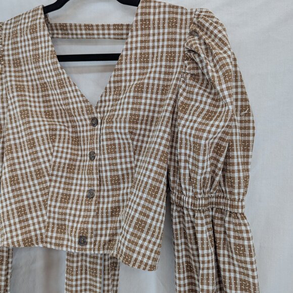 Simplee Women Brown Plaid Crop Top Gathered Sleeve Tie in Back Size M - Picture 4 of 11